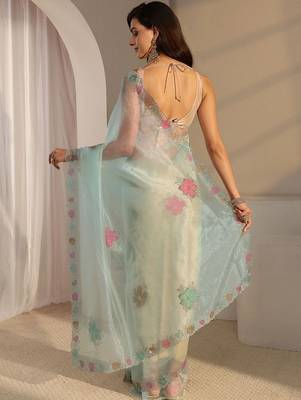sea green floral embroidered organza saree 4