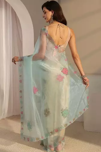 sea green floral embroidered organza saree
