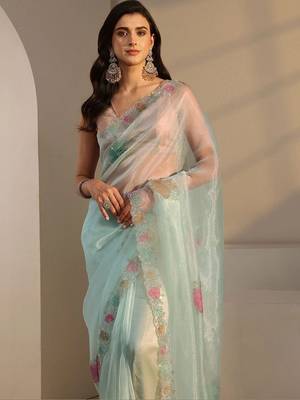 sea green floral embroidered organza saree 5