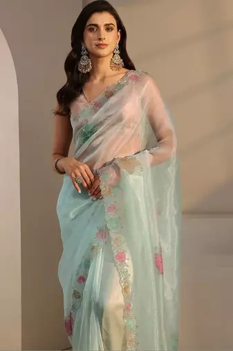 sea green floral embroidered organza saree