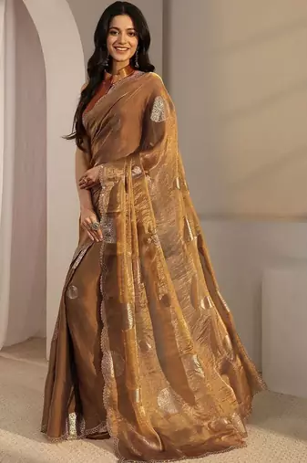 bronze beads and stones tissue saree
