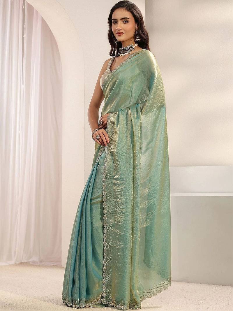 teal beads and stones tissue saree