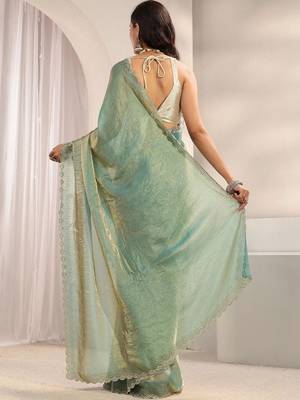 teal beads and stones tissue saree 2