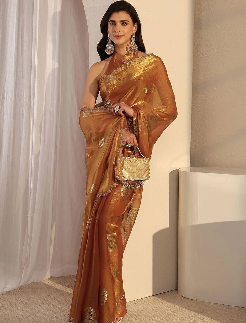 gold woven design zari tissue saree