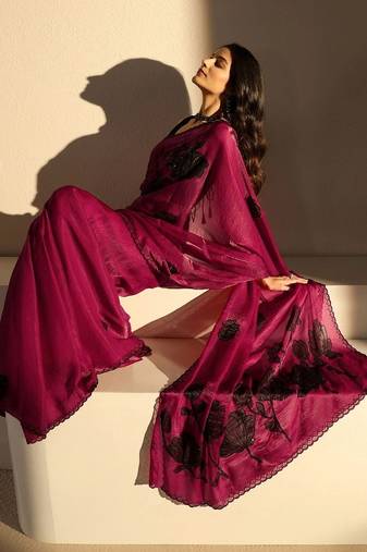 burgundy floral beads and stones tissue saree