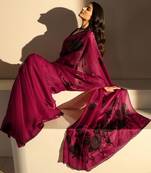 burgundy floral beads and stones tissue saree