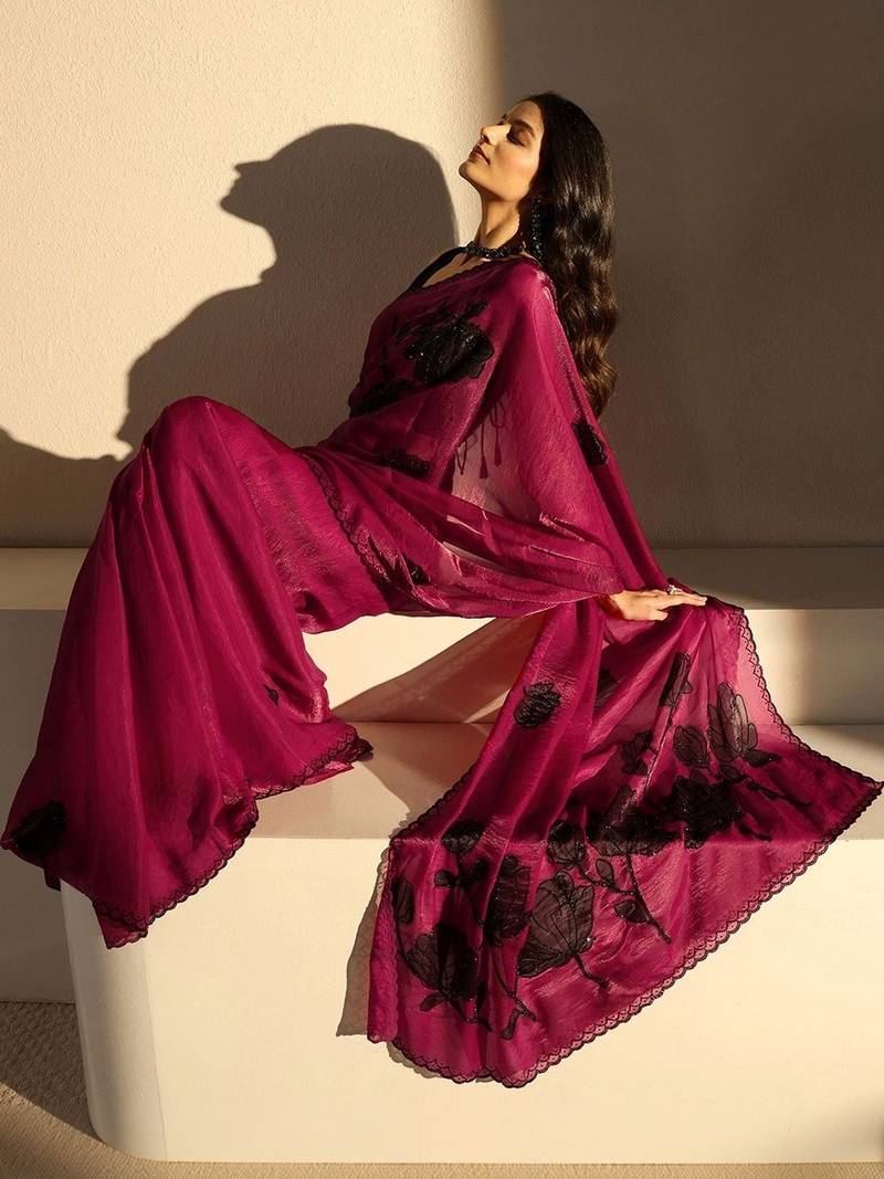 burgundy floral beads and stones tissue saree