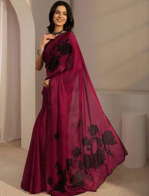 burgundy floral beads and stones tissue saree 3