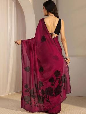 burgundy floral beads and stones tissue saree 4