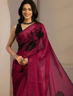 burgundy floral beads and stones tissue saree 5