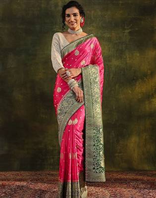 pink ethnic motifs zari satin heavy work saree 1