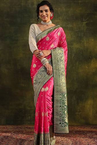 pink ethnic motifs zari satin heavy work saree