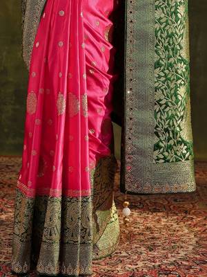 pink ethnic motifs zari satin heavy work saree 2
