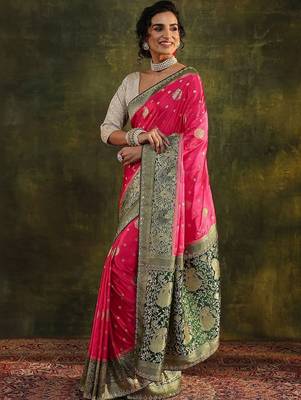 pink ethnic motifs zari satin heavy work saree 5
