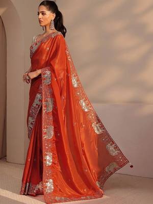 orange embellished satin saree with animal motif border 2