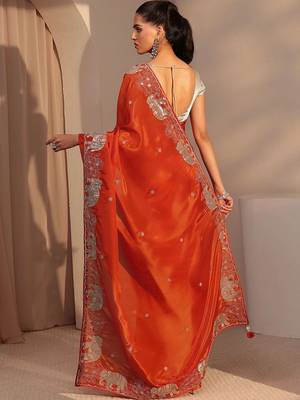 orange embellished satin saree with animal motif border 3