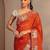 orange embellished satin saree with animal motif border