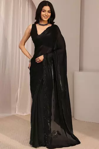 Black floral beads and stones organza saree