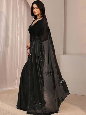 Black floral beads and stones organza saree 3
