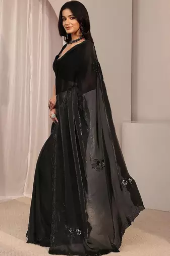 Black floral beads and stones organza saree