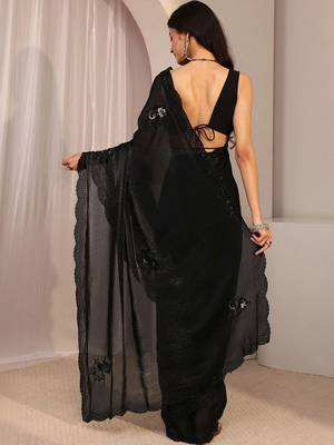 Black floral beads and stones organza saree 4