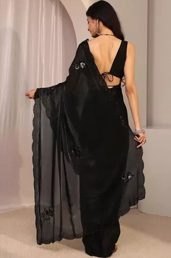 Black floral beads and stones organza saree