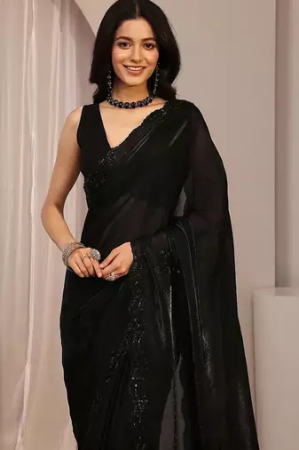 Black floral beads and stones organza saree
