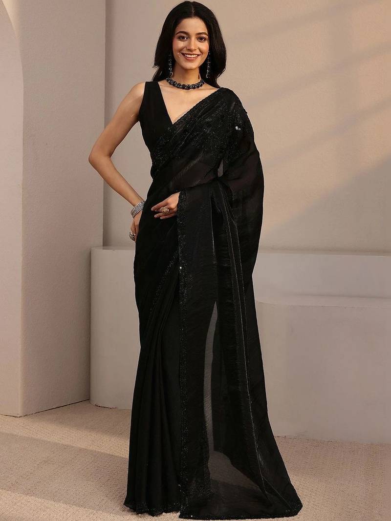 black beads and stones tissue saree