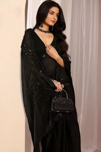 black beads and stones tissue saree