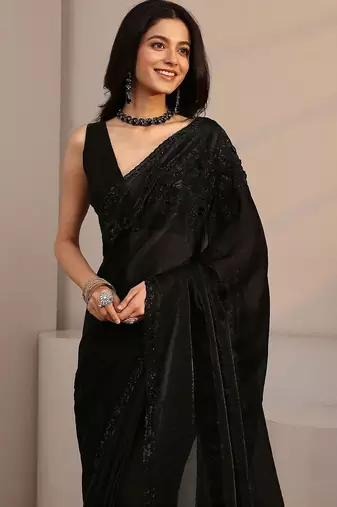 black beads and stones tissue saree