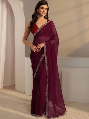 maroon beads and stones georgette saree 1