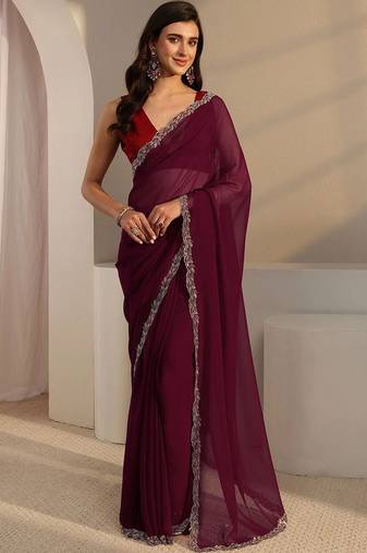 maroon beads and stones georgette saree