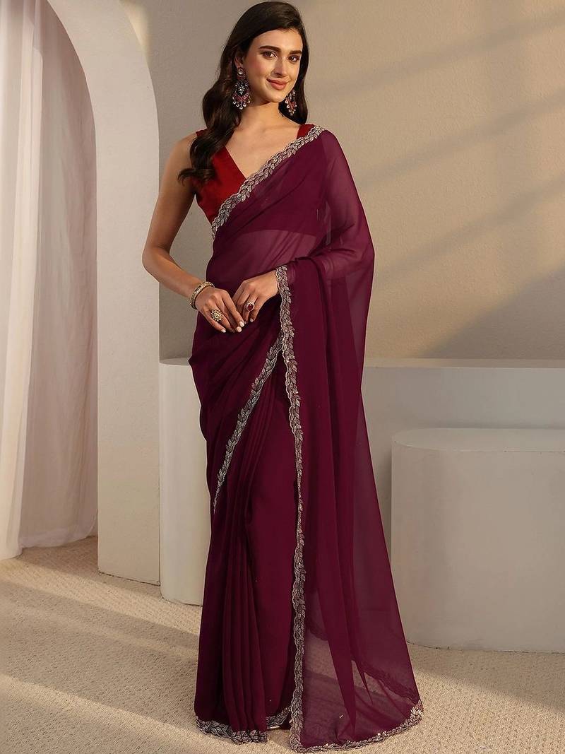 maroon beads and stones georgette saree