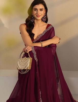 maroon beads and stones georgette saree 2
