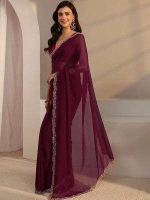 maroon beads and stones georgette saree 3