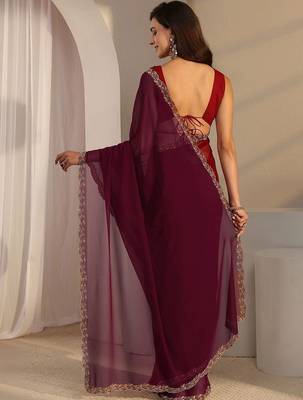 maroon beads and stones georgette saree 4