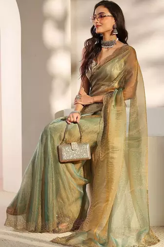 sea green embroidered tissue saree