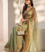 sea green embroidered tissue saree