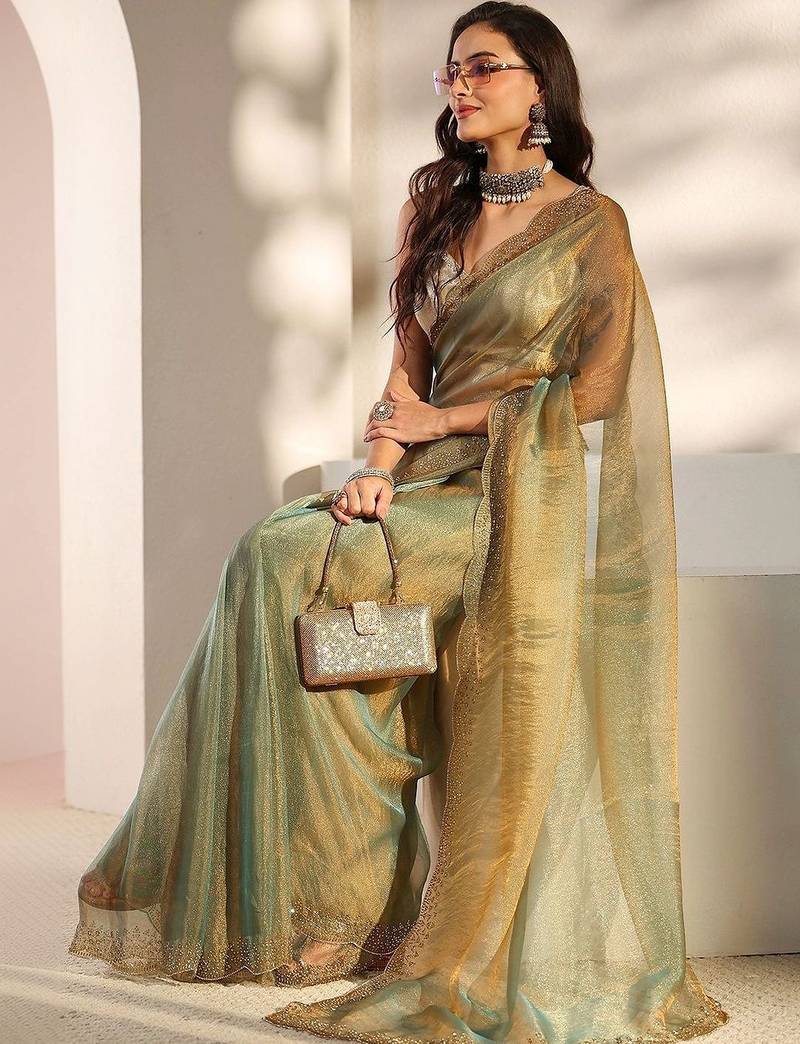 sea green embroidered tissue saree