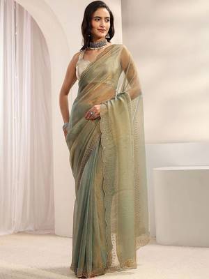 sea green embroidered tissue saree 2
