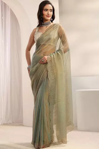 sea green embroidered tissue saree
