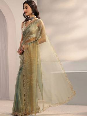 sea green embroidered tissue saree 3