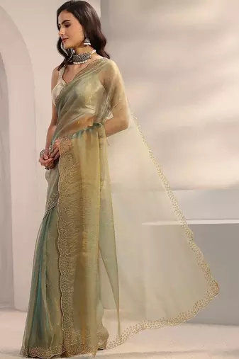 sea green embroidered tissue saree