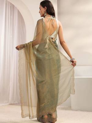 sea green embroidered tissue saree 4