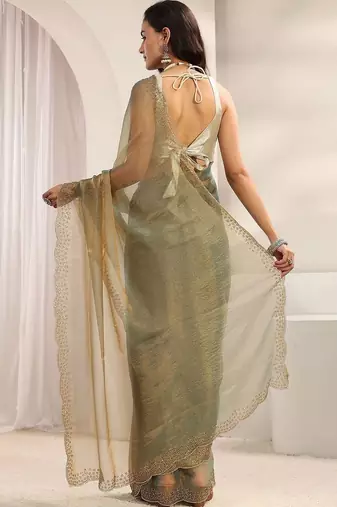 sea green embroidered tissue saree