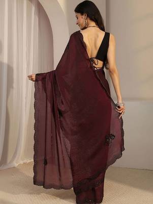 maroon floral embroidered organza saree 4