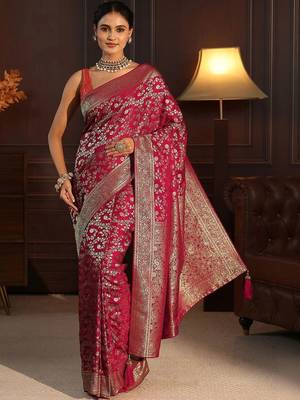 magenta floral zari brocade saree 1