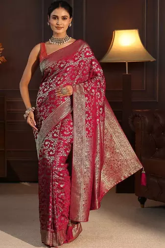 magenta floral zari brocade saree