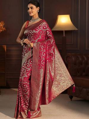magenta floral zari brocade saree 2