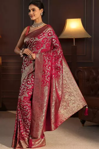 magenta floral zari brocade saree